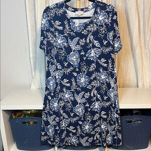 LOFT Navy and White Floral Swing Dress, Size M